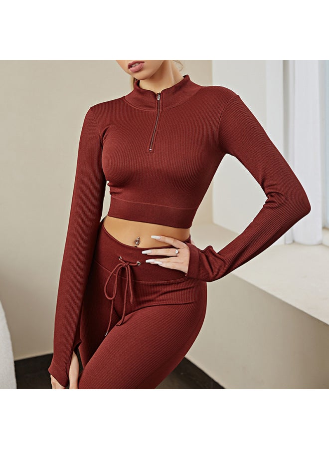 Solid-Color Seamless Long-Sleeve Yoga Set with Moisture-Wicking Fabric for Running and Training