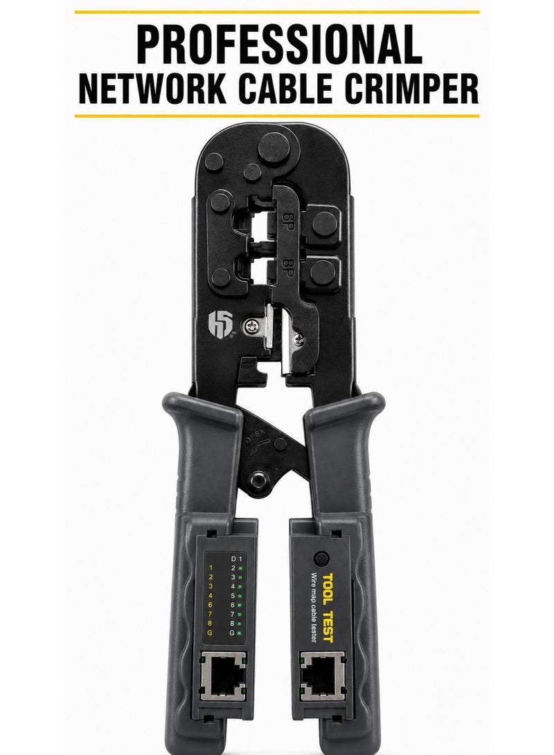 POSO HS-N5684CR Network Crimping Tool with Cable Tester – Professional 8P8C & 6P4C RJ45/RJ11 Crimper Cutter Stripper Tool - Image 1