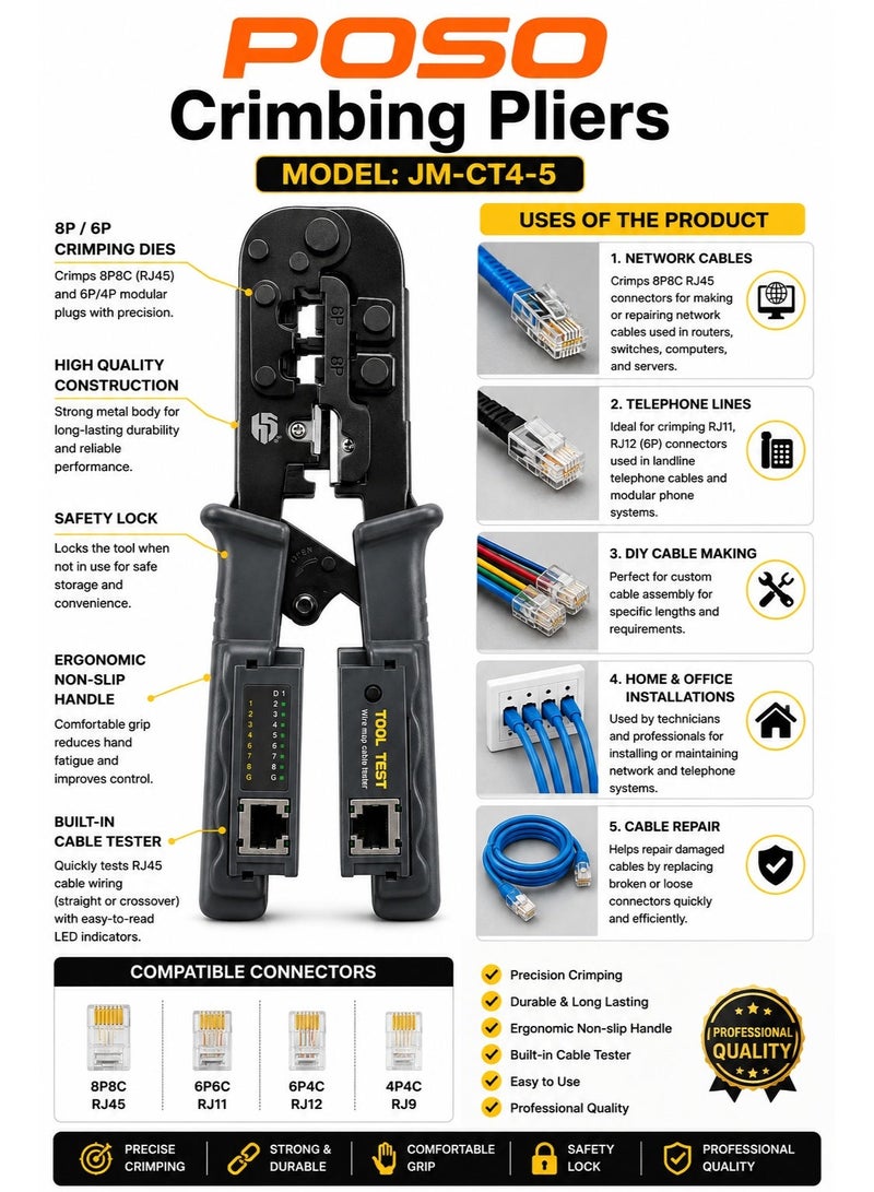 POSO HS-N5684CR Network Crimping Tool with Cable Tester – Professional 8P8C & 6P4C RJ45/RJ11 Crimper Cutter Stripper Tool - Image 3