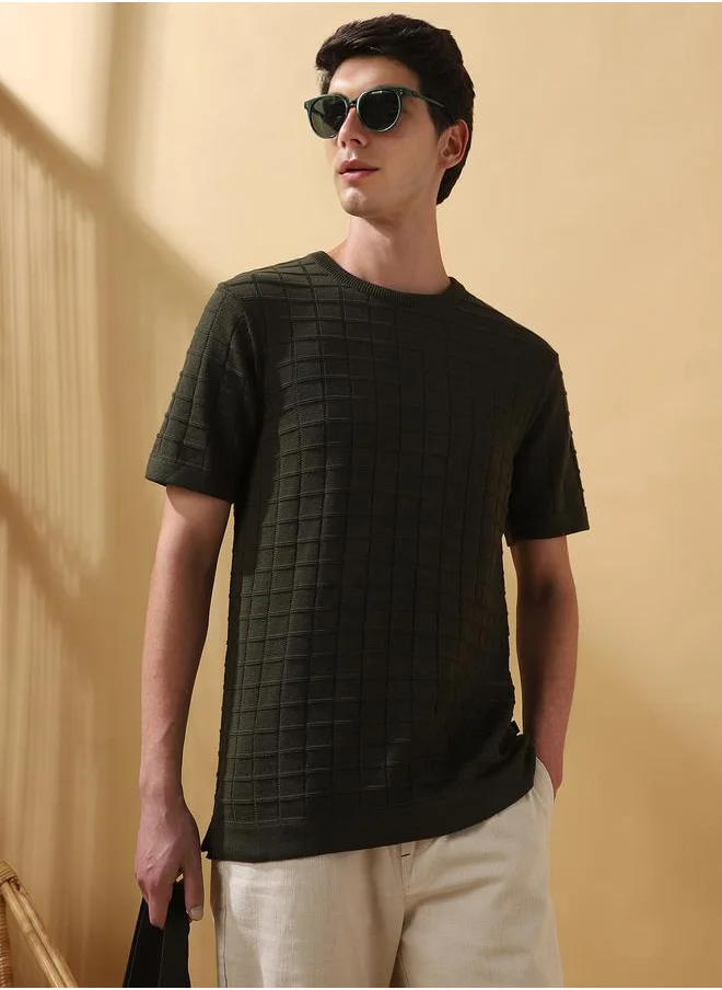 دينيس لينغو Forest Night Flat knit Textured Pattern Regular Fit T-Shirts for Men with Round Neck Neckline Half Sleeves Regular Length Upper Body Wear T-shirts Knitted Weave - Perfect for Lifestyle Occasions