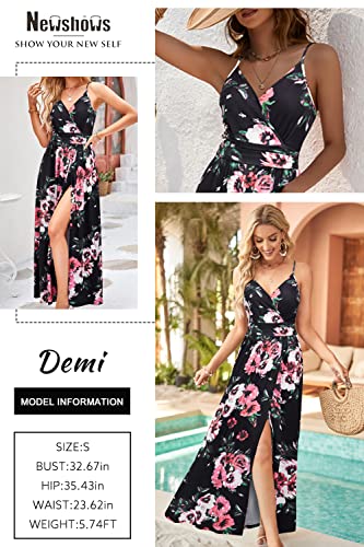 Newshows Women's Summer 2025 Dresses V Neck Spaghetti Strap Vacation Outfits Casual Floral Split Long Maxi Dress for Spring Wedding Guests (Black Floral Pink, X-Large) - Image 2