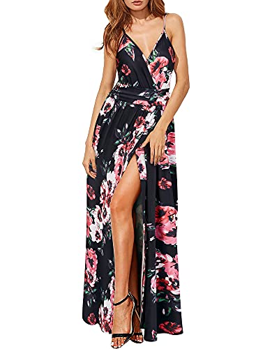 Newshows Women's Summer 2025 Dresses V Neck Spaghetti Strap Vacation Outfits Casual Floral Split Long Maxi Dress for Spring Wedding Guests (Black Floral Pink, X-Large) - Image 3
