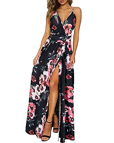 Newshows Women's Summer 2025 Dresses V Neck Spaghetti Strap Vacation Outfits Casual Floral Split Long Maxi Dress for Spring Wedding Guests (Black Floral Pink, X-Large) - Image 1