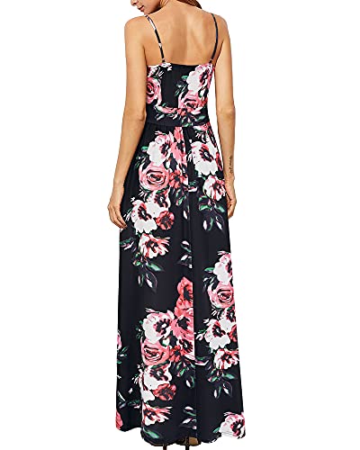 Newshows Women's Summer 2025 Dresses V Neck Spaghetti Strap Vacation Outfits Casual Floral Split Long Maxi Dress for Spring Wedding Guests (Black Floral Pink, X-Large) - Image 5