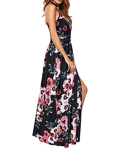 Newshows Women's Summer 2025 Dresses V Neck Spaghetti Strap Vacation Outfits Casual Floral Split Long Maxi Dress for Spring Wedding Guests (Black Floral Pink, X-Large) - Image 4