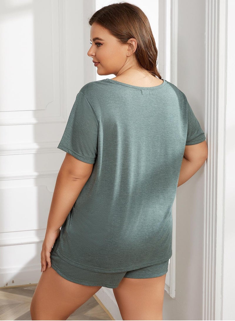Loquat Women's Casual Big Size 2-Piece Set Nightgown Solid Color Short Sleeve Top And Shorts Soft Loungewear Pajamas Suit Dusty Green  - Image 3