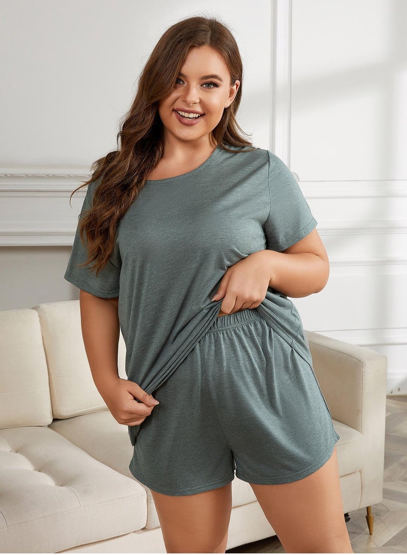 Loquat Women's Casual Big Size 2-Piece Set Nightgown Solid Color Short Sleeve Top And Shorts Soft Loungewear Pajamas Suit Dusty Green  - Image 2