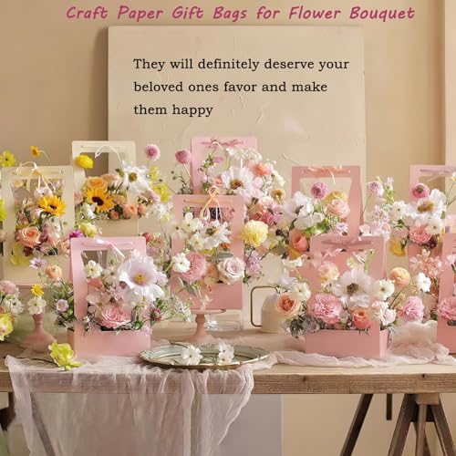 Ylapagne 5 Pieces Paper Flower Gift Bags, Pink Bouquet Flower Box with Handheld DIY Flower Arrangement Basket Flower Packaging Box for Valentine's Wedding Anniversary Party - Image 3