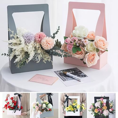 Ylapagne 5 Pieces Paper Flower Gift Bags, Pink Bouquet Flower Box with Handheld DIY Flower Arrangement Basket Flower Packaging Box for Valentine's Wedding Anniversary Party - Image 2