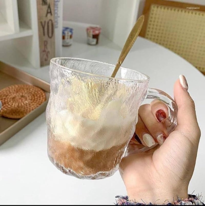 Textured Glass Beer Mug with Handle, Frosted Ice Crystal Design, Set of 6 .mk (Small)