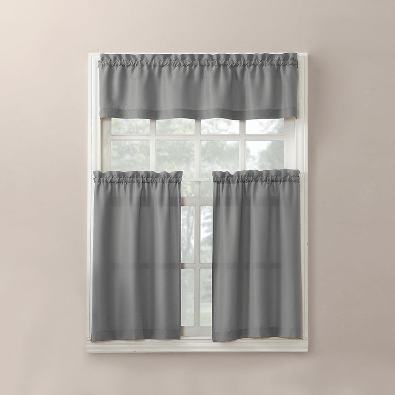 No. 918 Martine Microfiber Semi-Sheer Rod Pocket Kitchen Curtain Valance and Tiers Set, 54" x 36", Gray - Image 1