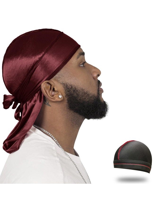 ForceWave Silky Durag for Men Wave Cap Satin Dorag for Men Women 360 Wave (Burgundy) - Image 1