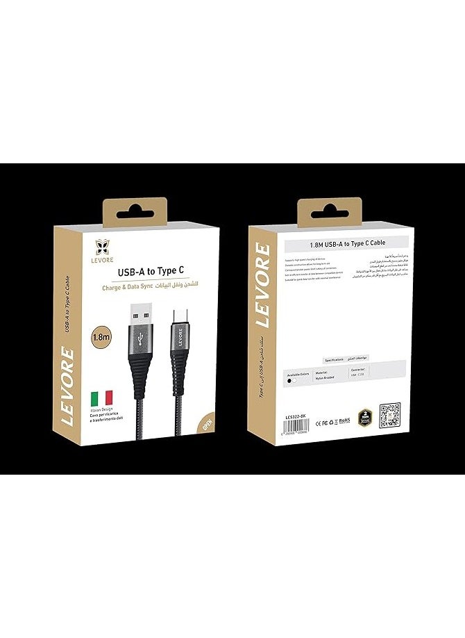 LEVORE Levore Nylon USB-A to USB-C Cable, 1.8 Meter Length, Black  - Image 1