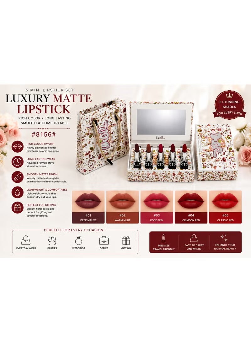 Dior Rouge 5 Mini Lipstick Set #8156 | Matte Velvet Finish | Long-Lasting Highly Pigmented Lip Color Gift Set - Image 3