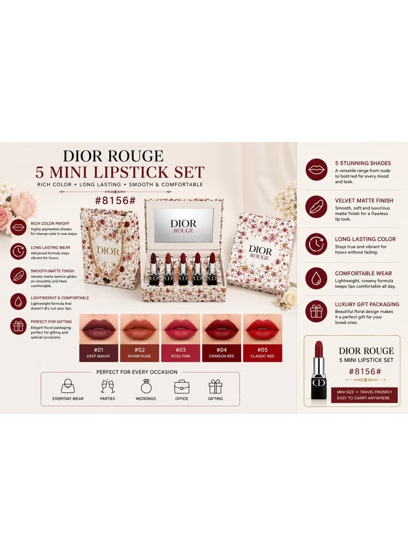 Dior Rouge 5 Mini Lipstick Set #8156 | Matte Velvet Finish | Long-Lasting Highly Pigmented Lip Color Gift Set - Image 2