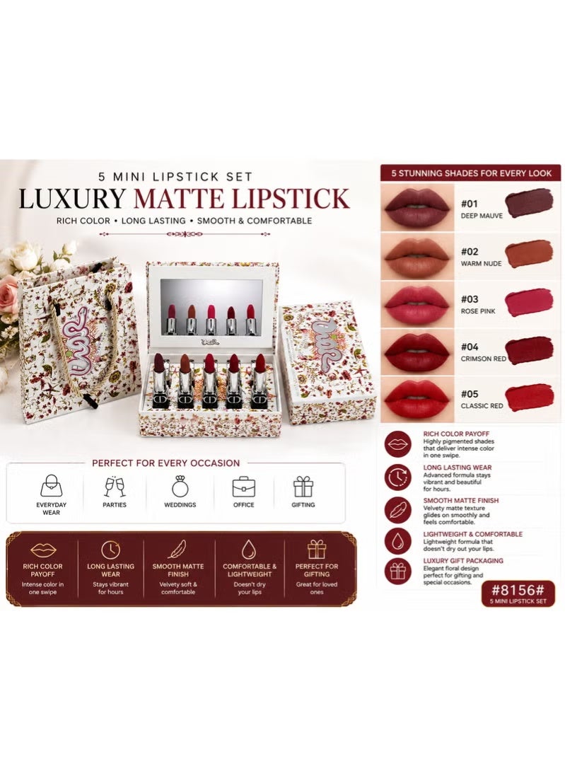 Dior Rouge 5 Mini Lipstick Set #8156 | Matte Velvet Finish | Long-Lasting Highly Pigmented Lip Color Gift Set - Image 4