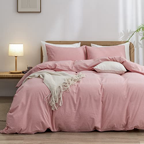 BESTOUCH Duvet Cover Set 100% Washed Cotton Linen Feel Super Soft Comfortable Chic Lightweight 3 PCs Home Bedding Set Solid Red Pink Queen - Image 1