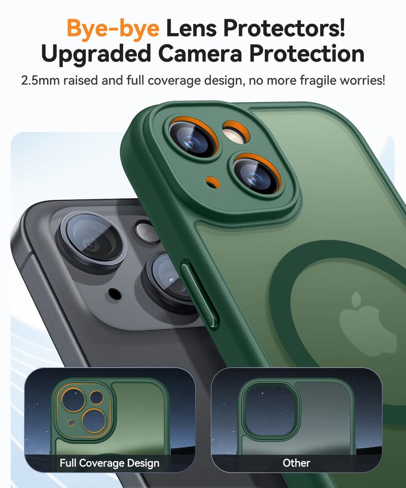 CANSHN Magnetic Compatible with iPhone 15 Plus Case, Upgraded [Full Camera Protection] [Compatible with Magsafe] [Translucent Matte] Shockproof Protective Phone Case 6.7" - Deep Green - Image 3