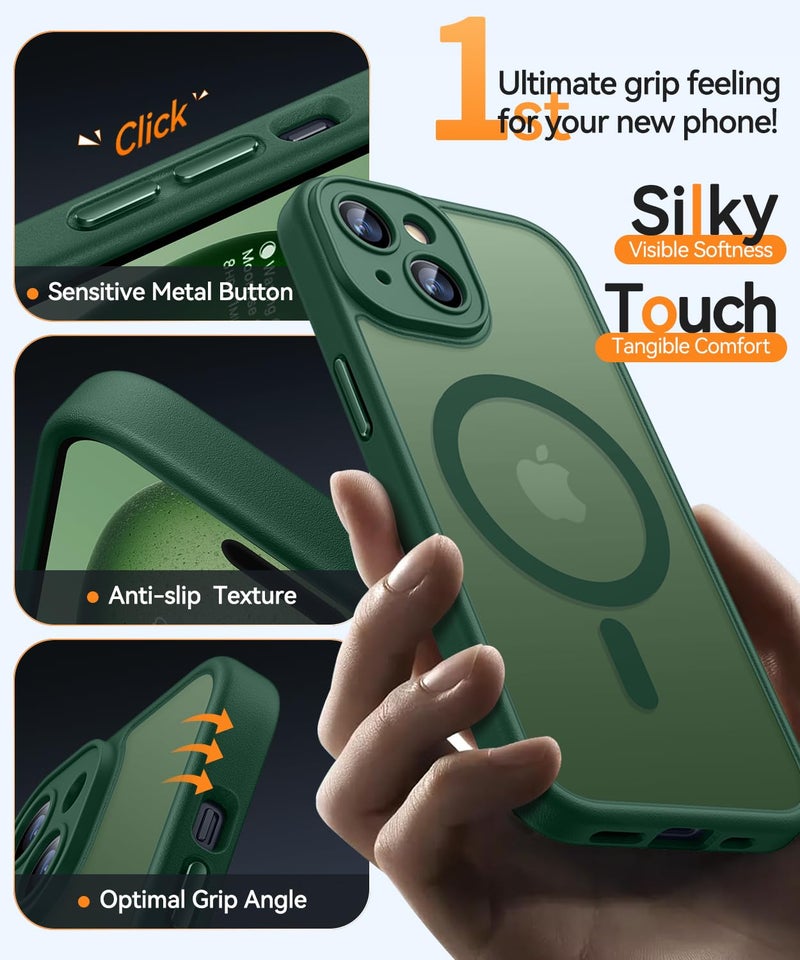 CANSHN Magnetic Compatible with iPhone 15 Plus Case, Upgraded [Full Camera Protection] [Compatible with Magsafe] [Translucent Matte] Shockproof Protective Phone Case 6.7" - Deep Green - Image 5