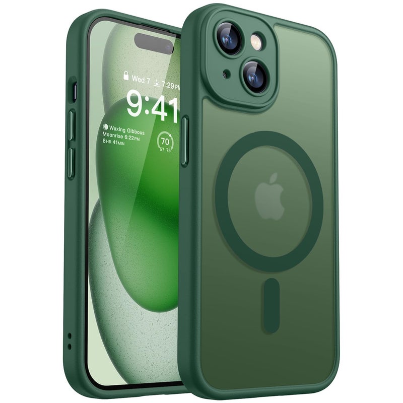 CANSHN Magnetic Compatible with iPhone 15 Plus Case, Upgraded [Full Camera Protection] [Compatible with Magsafe] [Translucent Matte] Shockproof Protective Phone Case 6.7" - Deep Green - Image 1