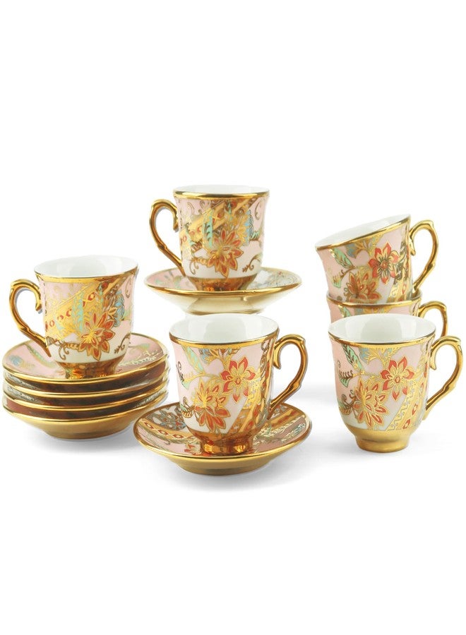 Kytree Tea Cups and Saucers Set of 6, Porcelain Vintage Floral Tea Set for Espresso, Coffee, Mocha, Cappuccino, Women Afternoon Tea Party (Orange) - Image 1