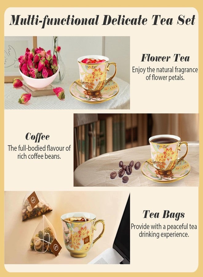 Kytree Tea Cups and Saucers Set of 6, Porcelain Vintage Floral Tea Set for Espresso, Coffee, Mocha, Cappuccino, Women Afternoon Tea Party (Orange) - Image 4