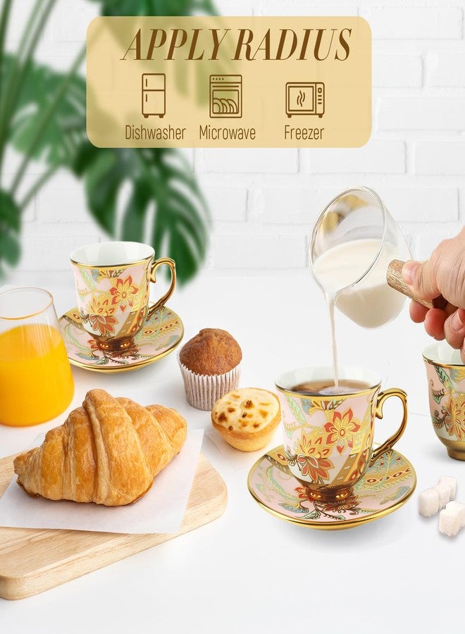 Kytree Tea Cups and Saucers Set of 6, Porcelain Vintage Floral Tea Set for Espresso, Coffee, Mocha, Cappuccino, Women Afternoon Tea Party (Orange) - Image 5