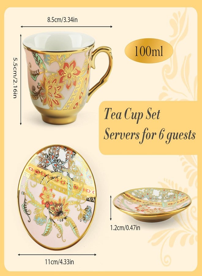 Kytree Tea Cups and Saucers Set of 6, Porcelain Vintage Floral Tea Set for Espresso, Coffee, Mocha, Cappuccino, Women Afternoon Tea Party (Orange) - Image 2