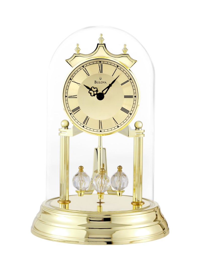 Bulova Tristan I Desk and Table Clock | Model B8818 | Polished Brass Finish | Polished Metal Base | Floating Dial | Roman Numerals | Elegant Pendulum Design - Image 1