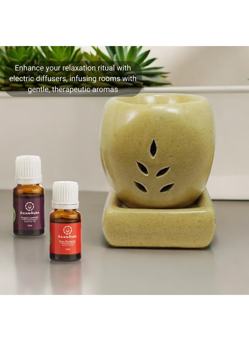 ASIAN AURA Asian Aura Handcrafted Premium Ceramic Electric Aroma Diffuser Oil Burner Wax Melt Warmer for Home Fragrance with Aroma Oils in 2 fragrances English Lavender Rosy Romance 10ml Each  - Image 3