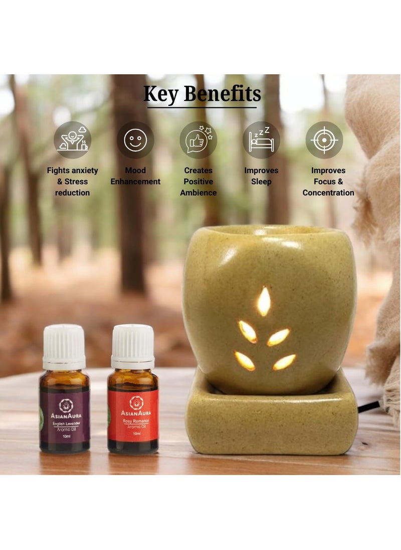 ASIAN AURA Asian Aura Handcrafted Premium Ceramic Electric Aroma Diffuser Oil Burner Wax Melt Warmer for Home Fragrance with Aroma Oils in 2 fragrances English Lavender Rosy Romance 10ml Each  - Image 4