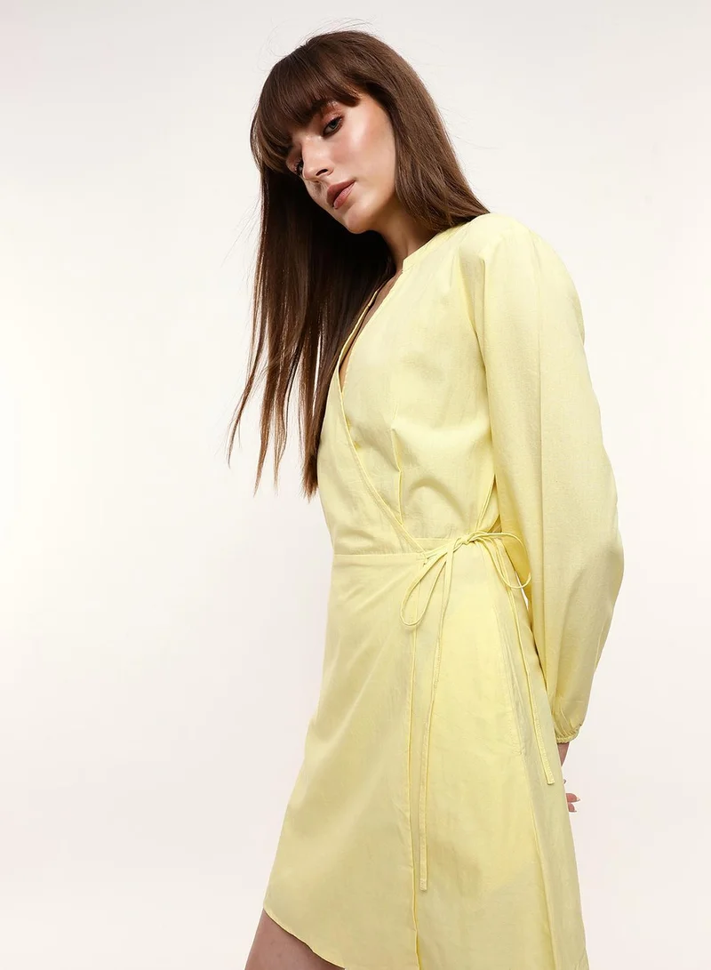 Dennis Lingo  Butter Yellow 100% Cotton Solid Print Mini Wrap Regular Fit Dress For Women for Women | Best Price UAE