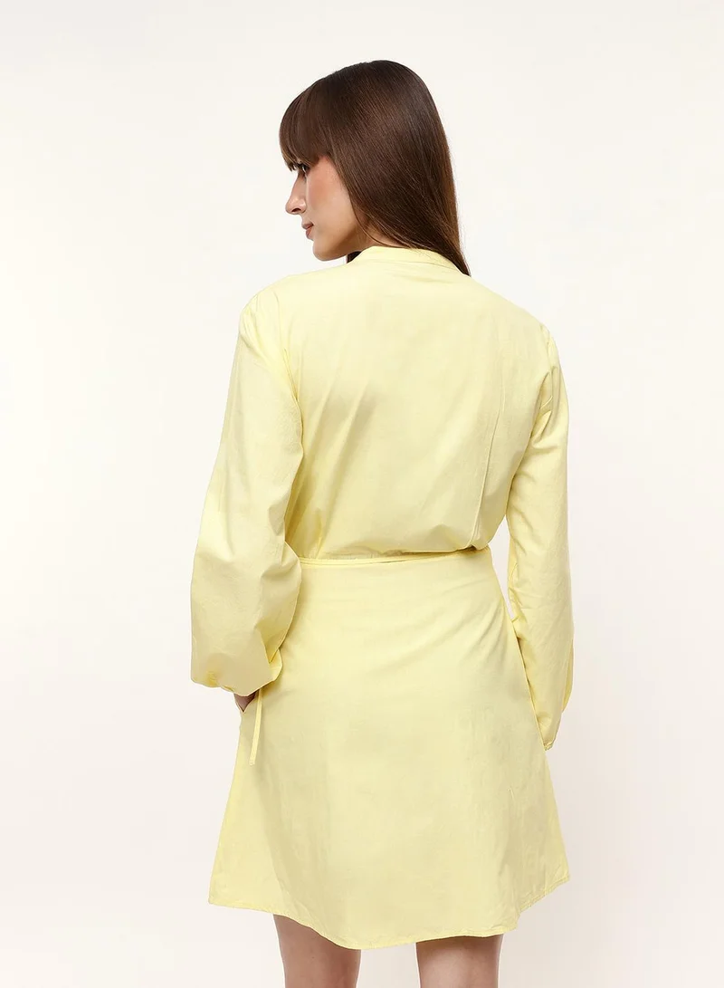 Dennis Lingo  Butter Yellow 100% Cotton Solid Print Mini Wrap Regular Fit Dress For Women for Women | Best Price UAE