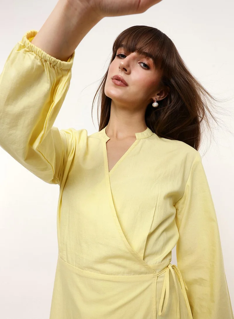 دينيس لينغو Butter Yellow 100% Cotton Solid Print Mini Wrap Regular Fit Dress For Women