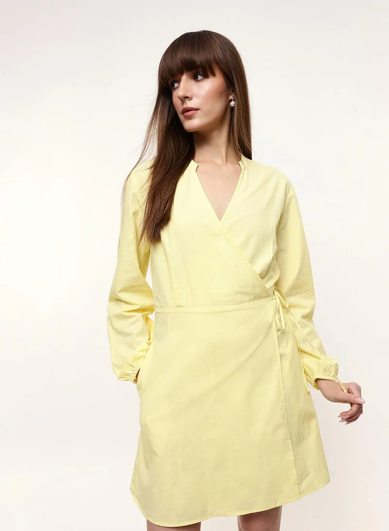 Dennis Lingo  Butter Yellow 100% Cotton Solid Print Mini Wrap Regular Fit Dress For Women for Women | Best Price UAE