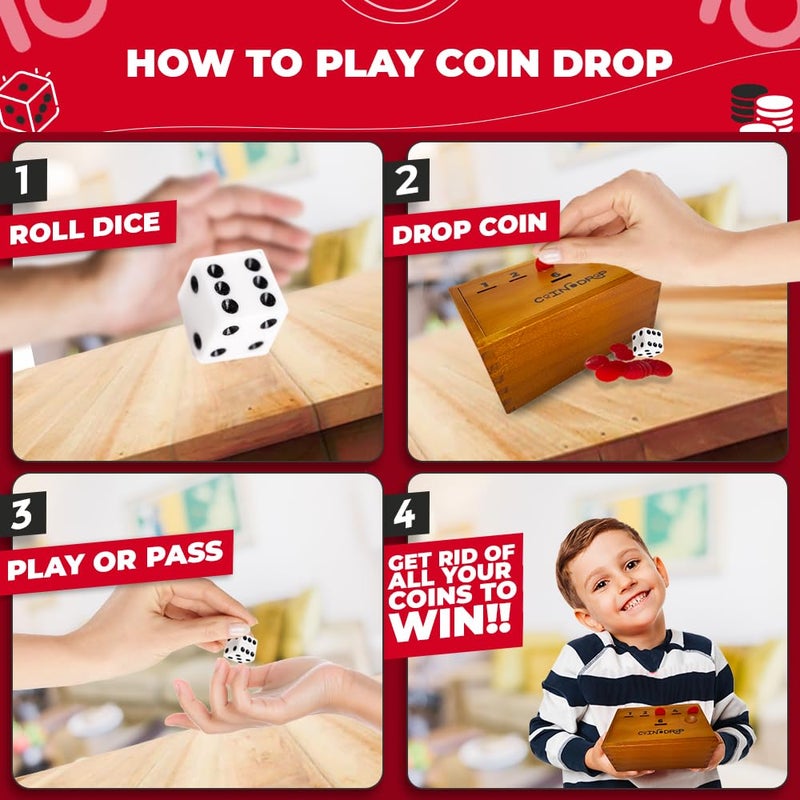 SWOOC Games  Coin Drop  Simple  Strategic Dice Games for Families with Coins Included for 26 Players  Works WPennies Too  Get Rid of Coins to Win  Board Games for Kids  Penny Game Wood Box - Image 3