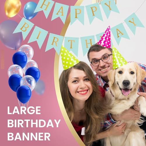 Flyloons Happy Birthday Banner - Sky Blue Decoration for Boys Girls Kids Baby Men Women | 13 Pcs Paper Banner | Cardstock Reusable Flag - Image 2