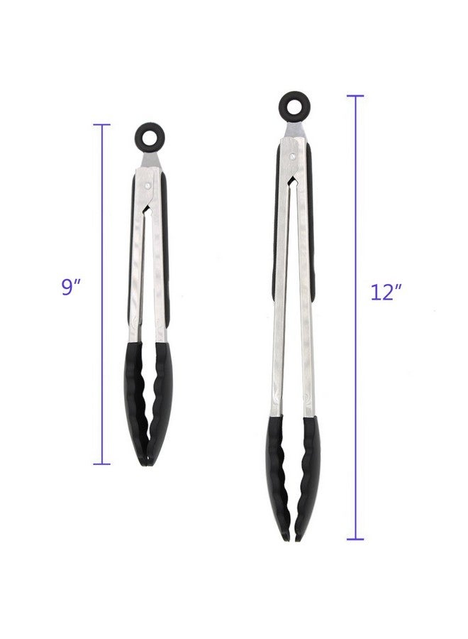 ALLWIN-HOUSEWARE W 2 Pack Black Kitchen Tongs, Premium Silicone BPA Free Non-Stick Stainless Steel BBQ Cooking Grilling Locking Food Tongs, 9-Inch & 12-Inch - Image 3