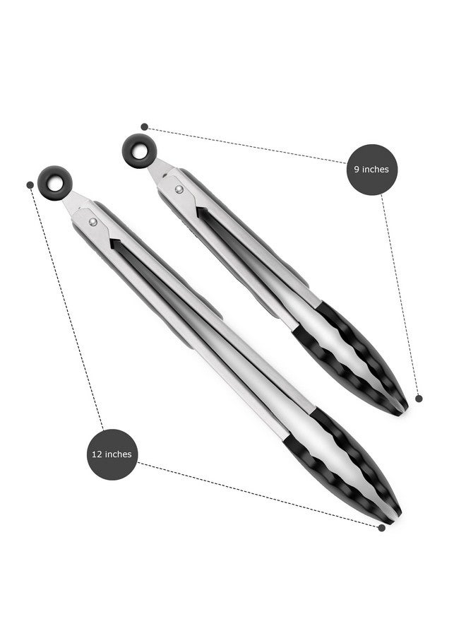 ALLWIN-HOUSEWARE W 2 Pack Black Kitchen Tongs, Premium Silicone BPA Free Non-Stick Stainless Steel BBQ Cooking Grilling Locking Food Tongs, 9-Inch & 12-Inch - Image 5