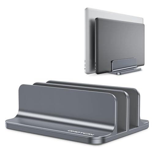 OMOTON Vertical Laptop Stand [Updated Double Version], Desktop Aluminum MacBook Stand with Adjustable Dock Size, Fits All MacBook, Surface, Chrome Book and Gaming Laptops (Up to 17.3 inch) (Grey) - Image 1