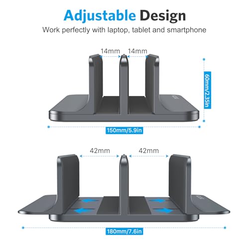 OMOTON Vertical Laptop Stand [Updated Double Version], Desktop Aluminum MacBook Stand with Adjustable Dock Size, Fits All MacBook, Surface, Chrome Book and Gaming Laptops (Up to 17.3 inch) (Grey) - Image 4