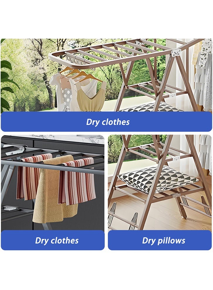 ZUCNG Folding Clothes Drying Rack with 4 Shoe Holder, 3-Layer Foldable Laundry Clothes Dryer Rack Free-Standing Dryer Rack with Wheels Height Adjustable Indoor & Outdoor, Windproof (180CM, Brown) - Image 3