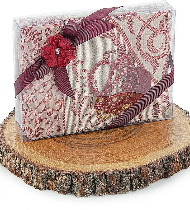 İhvan Online Red Dowry Prayer Rug Set with Pearl Prayer Beads and Gift Box Suitable for the Bride and Groom's Package