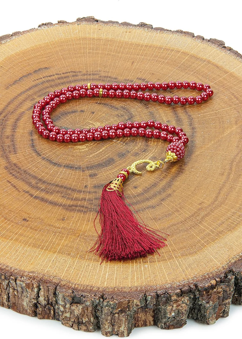 İhvan Online Red Dowry Prayer Rug Set with Pearl Prayer Beads and Gift Box Suitable for the Bride and Groom's Package