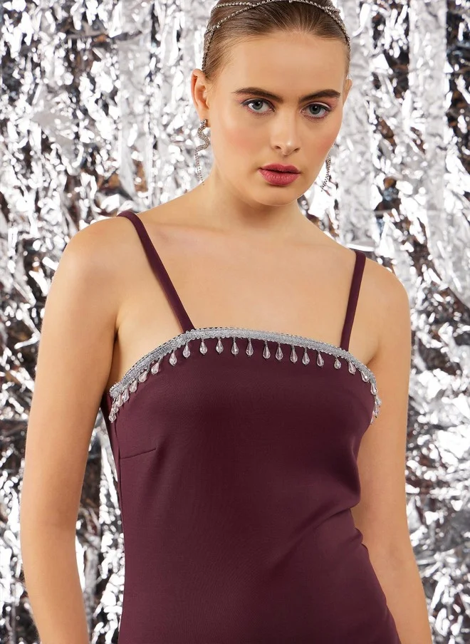 STREET 9 Burgundy Shoulder Straps Scuba Sheath Dress for Women