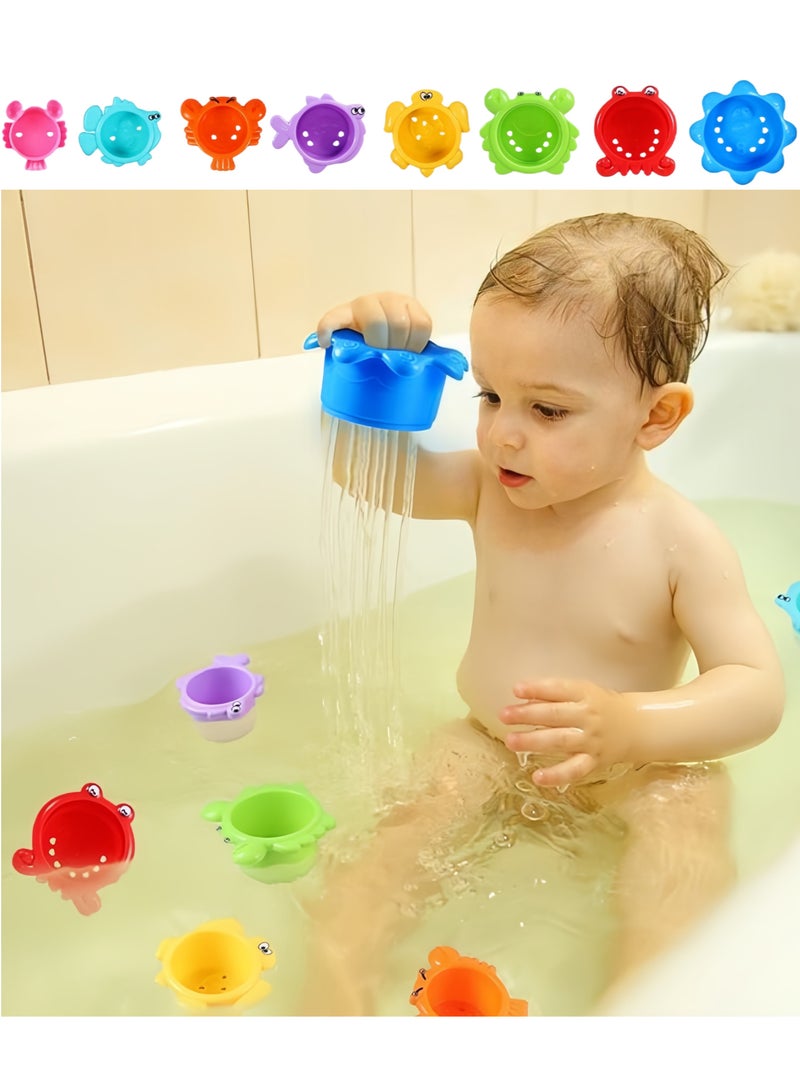 8Pcs Stacking Cups Set, Drain Cup Stacking Toy for Children Bath Toy Sand Toy, Baby Stacking Cup for Toddler 1-3, Baby Bath Toy Set Stacking Cups,Educational Montessori Gift for Boys and Girls (sea animals)  - Image 1