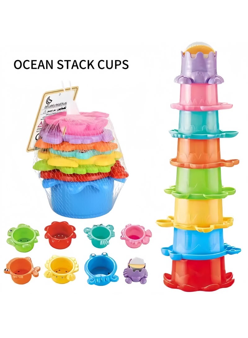 8Pcs Stacking Cups Set, Drain Cup Stacking Toy for Children Bath Toy Sand Toy, Baby Stacking Cup for Toddler 1-3, Baby Bath Toy Set Stacking Cups,Educational Montessori Gift for Boys and Girls (sea animals)  - Image 2
