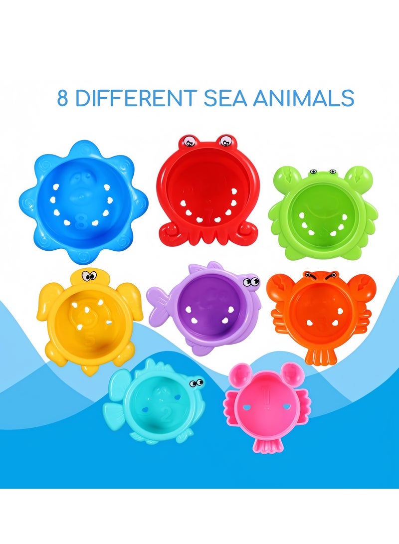 8Pcs Stacking Cups Set, Drain Cup Stacking Toy for Children Bath Toy Sand Toy, Baby Stacking Cup for Toddler 1-3, Baby Bath Toy Set Stacking Cups,Educational Montessori Gift for Boys and Girls (sea animals) - Image 2