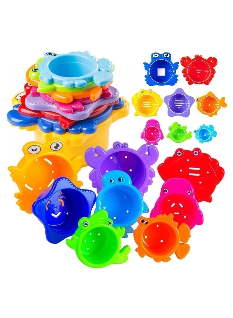 أكواب حمام الأطفال القابلة للتكديس - مجموعة ألعاب شاطئ وحوض استحمام من 8 قطع للأطفال الصغار - خالية من مادة BPA، سهلة التصريف، لعبة مائية تعليمية للأطفال من سن 6 أشهر فما فوق - Image 2