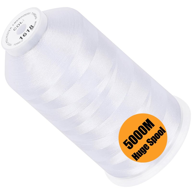 New brothread خيط تطريز بوليستر جديد بروثريد بكرة ضخمة واحدة 5000م لكل منها 40WT للآلات التجارية والمنزلية - أبيض ثلجي